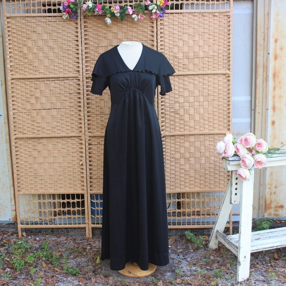 Vintage Dresses & Skirts - 70s Ruffle Sailor Neck Goth - Boho Maxi Dress